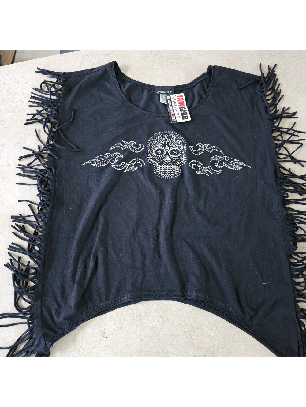 TAWGEAR Black Fringe Top with Rhinestone Skull Design, Medium NEW